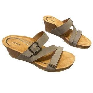 Aetrex Arch Support Cork Wedge Sandals 8.5 EU 39 Beige Leather Strappy Comfort
